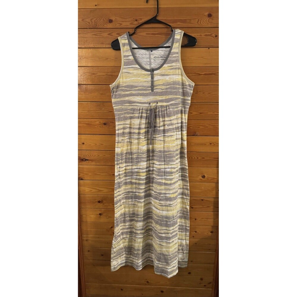 Eddie Bauer Maxi Dress Women PL Petite Gray Yellow Stripe Henley Drawstring